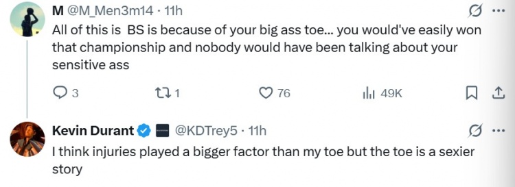 网友：一切麻烦源于你的大脚趾！KD：伤病影响更大但脚趾更吸引人